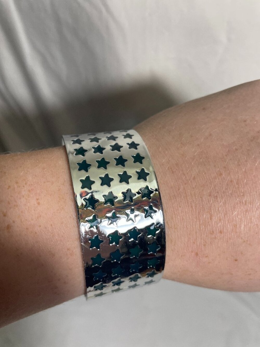 Silver Tone Teal Star Wide Cuff Bracelet Open Back Celestial Fashion Jewelry